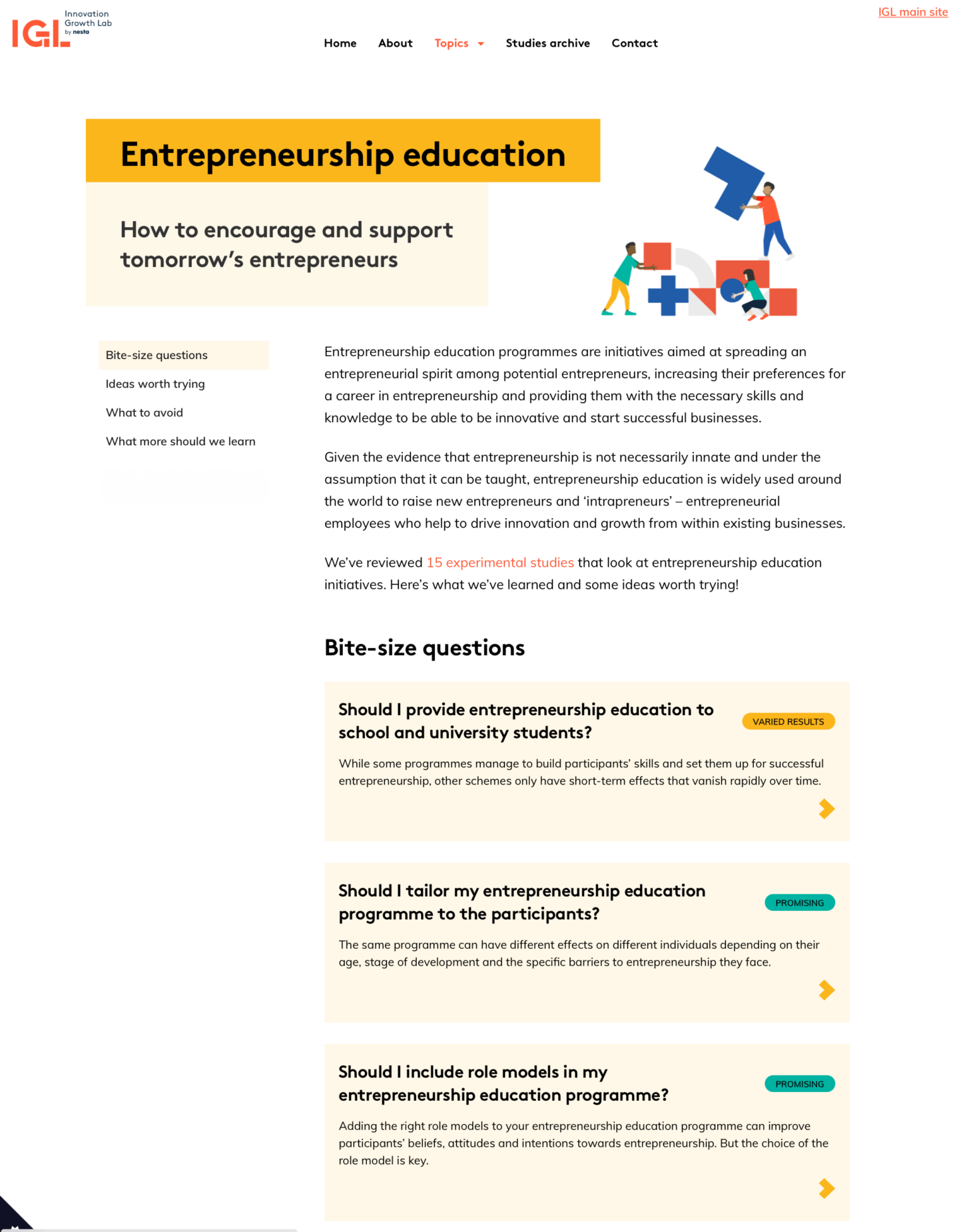 Screenshot of an Evidence bites website internal page